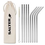 Salter 302 SSXR Eco Reusable Metal Drinking Straws, Curved and Straight Design, Set of 8, Includes a Sisal Fibre Cleaning Brush and Drawstring Bag, Perfect for a Night Out or Picnic, Stainless Steel