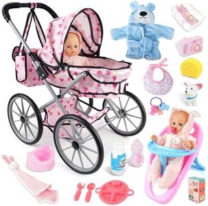 SMILESSKIDDO Baby Doll Stroller Toy Set - 12 Inch Soft Body Dolls with Accessories Dining Chair, Doll Clothes, Feeding Set for Realistic Pretent Play, Babydoll Care Gift for Toddler Girls 2+ Year Old