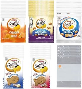 Snack Pack Bundle. 30-Pack Goldfish Crackers Variety Pack: Six Pack of Each: Cheddar, Pretzel, Cinnamon, Vanilla & Grahams Honey Bun. Baked with Real Cheese Comes with 5 Early Delights Food Bags