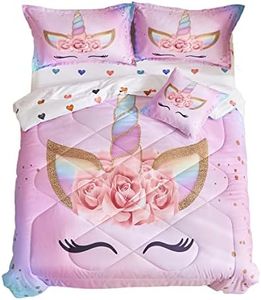 ADASMILE A & S Unicorn Bedding Twin for Girls Bed in A Bag Unicorn Comforter Set 6Pieces Kids Princess Unicorn Bed Set with Cute Love Hearts Sheets Set Reversible Comforter Set for Home Decor