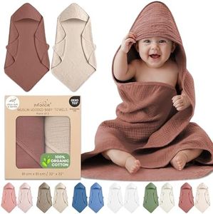 Organic Cotton Muslin Baby Hooded Towels - 32x32 Inch, 2 Pack Newborn Bath Towels for Boys & Girls, Soft & Absorbent Bath Set (Rust/Ivory)