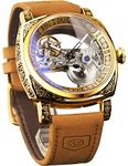 FORSINING Men's Square Carving Analog Mechanical Watch Retro Totem Double Sided Hollow Skeleton Self-Wind Automatic Vintage Leather Strap Mechanical Wristwatch,Band Color-Brown,Gold Dial