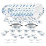 La Opala Diva Classique Collection Opal Glass Crockery | for Family of 8 | Dinner Set 61 pcs Aster Blue | Plates & Bowls for Dining | Microwave Safe | 100% Vegetarian | Extra Strong | White