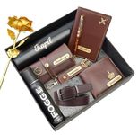 Your Name Customized Mens Gift Hamper Set with Water Bottle, Passport Cover, Pen, Men Wallet, Sunglasses Cover, Keychain, Men Deodorant, Golden Rose and Mens Belt (Brown)