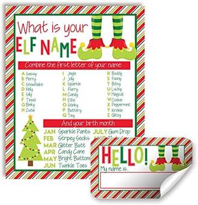 Elf Name Game Christmas Party Name Tags with Silly Elf Names for Holiday Themed Parties, 24 2" X 3.5” Name Tag Stickers and 1 8 X 10 Elf Name a Decoration Cardstock Print by AmandaCreation