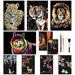 AKlamater 8pcs Scratch Art Paper Animals Rainbow Painting Sketch Art Craft Scratch Scratchboard for Adult and Kids with 5 Tools (A4/A5 Size)