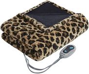 Beautyrest Brushed Long Fur Electric Throw Blanket Ogee Pattern Warm and Soft Heated Wrap with Auto Shutoff, 50 in x 60 in, Leopard