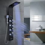 ROVATE Rainfall Waterfall Shower Panels Tower System with LED Lights (No Battery Needed), Multi-Function Shower Tower Rain Massage System with Powerful Body Jets, Shower Wand and Tub Spout, Black