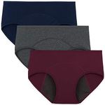 INNERSY Womens Period Underwear Cotton Leakproof Panties Menstrual Briefs 3 Pack (Medium, Wine/Dark Grey/Navy Blue)