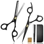 ONTAKI Hair Cutting Scissors Thinning Shears Kit - 7” Overall Length Professional Hair Scissors Set - Japanese Steel Hair Shears with 1 Comb & Pouch - Razor Edge Barber (Black)