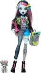 Monster High Frankie Stein Doll in Denim Jacket and Shorts, Includes Pet Dog Watzie and Accessories Like a Backpack, Snack and Notebook