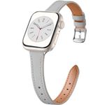 CeMiKa Slim Leather Straps Compatible with Apple Watch Strap 38mm 40mm 41mm 42mm, Genuine Thin Leather Replacement Band for Apple Watch SE/iWatch Series 10 9 8 7 6 5 4 3 2 1, Women Men, Grey/Silver