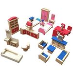 JOYIAL 5sets Family Kids Toy Colorful Wooden Doll House Furniture Gift Accessories, Miniature Bathroom/Living Room/Dining Room/Bedroom/Kitchen House(size:9.05x3.94x10.24inch)