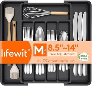 Lifewit Medium Silverware Drawer Organizer, Expandable Utensil Tray for Kitchen, BPA Free Flatware and Cutlery Holder, Adjustable Plastic Storage for Spoons Forks Knives, Black