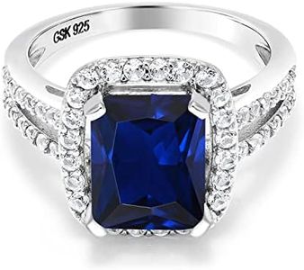 Gem Stone King 4.58 Cttw Blue Simulated Sapphire Engagement Ring For Women | 925 Sterling Silver | 10X8MM Emerald Cut | Available in size 5, 6, 7, 8, 9