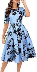 oxiuly Women's Half Sleeve Vintage Work Swing Dresse 2025 Trendy Elegant Midi Formal New Year Floral Occasions Casual Elegant Party Cocktail Dresses with Pockets OX165 SkyBlue and Black F5 XXL