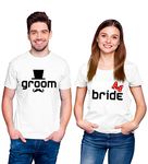 Hangout Hub HH-P103 Prewedding Photoshoot Couple T Shirts for Couples | Printed Groom Bride (White;Men M, Women L) T-Shirt for Men's & Women's | Cotton | Regular Fit (Pack of 2)