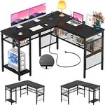 Cyclysio L-Shaped Computer Desk with Charging Station, Reversible Corner Desk with Storage, Computer Desk with Monitor Stand, 55'' Gaming Desk with Shelves, 2 Person Long Writing Study Desk, Black