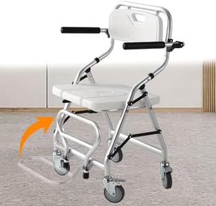 Duschstuhl mit Rollen für Senioren, Duschhocker Klappbar mit Klappbare Fußstützen und Armlehnen, Anti-Rutsch Duschsitz Senioren, Vier Räder mit Bremsen, Belastung: 120kg