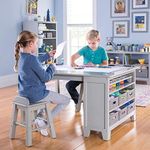 Martha Stewart Kids' Art Table and Stool Set (Gray) - Wooden Drawing and Painting Desk with Paper Roller, Paint Cups and Removable Craft Supplies Storage Bins