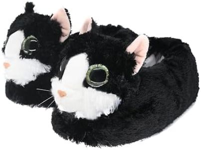 Onmygogo Indoor Fuzzy Winter Animal Cat Plush Soft Slippers For Women, Lovely Cat With Big Eyes (US men size 8-10.5, Black)