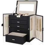 TORIBIO 5 Tier Large Jewelry Box with Drawers Jewelry Organizer Case for Women Girls Ring Necklace Earring Bracelet Watches Velvet Jewelry Holder with Mirror(black)