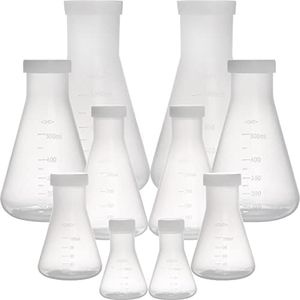 Peohud Set of 10 Scientific Plastic Erlenmeyer Flasks, Narrow Mouth Erlenmeyer with Screw Caps, Lab Erlenmeyer Flask with Molded Graduations(50ml, 100ml, 250ml, 500ml, 1L)