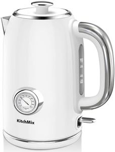 KitchMix Electric Tea Kettles1500W for Boiling Water, 1.7L Stainless Steel Tea Kettle with Thermometer, Auto Shut-Off & Boil-Dry, Cool Touch Handle, BPA Free Kettle & Hot Water Kettle (White)