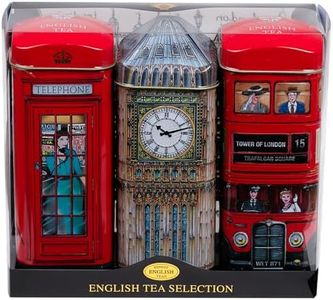 New English Teas British Souvenir 3x Tea Tins with 42 English Breakfast Teabags - Big Ben, London Bus, Telephone Box, UK Foods