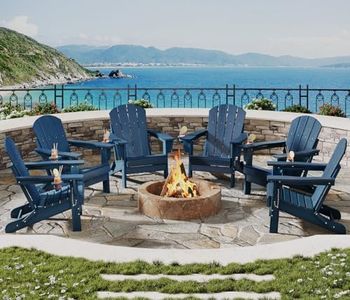 Folding Adirondack Chair Set of 6, All-Weather HDPE Outdoor Chair, Wooden Textured with Cup Holder for patios, Decks, Gardens, fire pits, Navy Blue