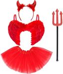 REDSTAR Children's Devil Costume - 4pc Set Includes; Red Feather Wings, Devil Horns Headband, Trident Fork Prop and Red Tutu Skirt, Halloween Outfit, Girls Cosplay, Fancy Dress for Kids