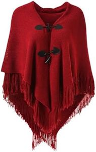 Ferand Women’s Loose Fitting Poncho Cape Shawl with Stylish Horn Buttons, V Neckline and V Hem, Red