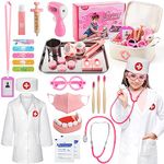 Tigerhu 32pcs Doctors Set for Kids, Kids Doctor Sets Wooden Dentist Tool Kit with Stethoscope, Doctor Roleplay Costume Dress-Up, Gifts for 3 4 5 6 Years Old Girls