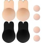 Memoryee Women's Push Up Adhesive Silicone Invisible Rabbit Bra Reusable Lifting Bra Cups Nipple Cover/Beige+Black-2Pair/XL(E/F Cup)