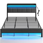 Rolanstar Bed Frame King Size with Charging Station and LED Lights, Upholstered Headboard with Storage Shelves, Heavy Duty Metal Slats, No Box Spring Needed, Noise Free, Easy Assembly, Dark Grey