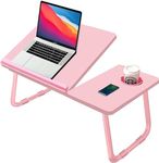 KKTECH Laptop Tray with Adjustable Angle, Space-Saving Bed Table with Foldable Legs, Cup Slot, Book Holder, Reading Stand, Versatile Laptop Table for Bed Use (PINK)