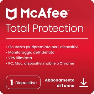 McAfee Total Protection 2024, 1 dispositivo Antivirus, VPN, gestore password, Internet Security e dispositivi mobili PC/Mac/iOS/Android Abbonamento di 1 anno Codice di attivazione via e-mail