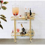 Rare objects 2 Tier Bar Trolley for Home with Wheels and Handle Restaurant Mobile Cart for Serving Food Kitchen Trolley Organizer with Gold Finish (RO-BST010)