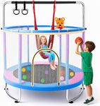 60” Toddler Trampoline with Swing & Gymnastics Bar, Indoor Outdoor Kids Trampoline with Safety Enclosure Net, Gifts for Boys & Girls Age 2-14