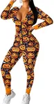 Ekouaer Christmas Onesie Women Sexy Pajamas Zipper Halloween One Piece Bodycon Outfit Jumpsuit Costume Yellow Pumpkin Print L