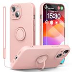 pcgaga Silicone Phone Case for iPhone 15 with Screen Protector [Ring Holder Stand] [Wrist Strap] [Microfiber Lining] Slim Shockproof Protective Cover, 6.1 Inch (Pink)