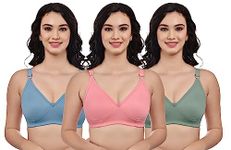 Boomshy Women's Cotton Non Padded Wire Free Bra Everyday Bras (34, Blue:Pink:Pista)