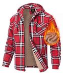 MoFiz Men's Plaid Shirt Jacket Winter Thick Fleece Lined Flannel Shirts Jacket Check Hooded Padded Jacket Casual Work Coats Red Plaid EU M