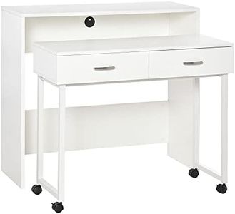 HOMCOM Tavolo Scrivania Salvaspazio per Camera e Ufficio, Scrivania con Cassetti e Ruote, Postazione di Lavoro Doppia o Singola, 100x36x88cm, Bianco
