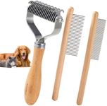 HIMODA Cat Brush for Dematting, Deshedding, 3 Pack Dog Grooming Kit, Knotting Comb, Shedding Brushes for Cats Dogs, Double Sided Undercoat Rake to Remove Mats, with Wood Handle