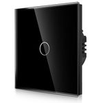 CNBINGO 1-Way Touch Light Switch - Black Wall Switch with Glass Panel and Status-LED Backlight - No Neutral Wire Required - 500 W/Fach - 1 Gang