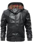 HOOD CREW Men’s Faux Leather Jacket Zipped Bomber Coat Motorcycle Jacket with Hood
