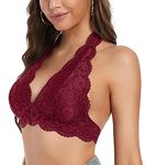 DotVol Women's Plunge Halter Bralette Plunge V Neck Floral Lace Unpadded Wirefree Top Bustier (Wine Red,X-Large)
