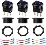 EMSea 3PCS Round Rocker Toggle Switch 12-24V 20A Blue LED Light On/Off Control Button 3Pins with 9 Connection Cables for Car Caravan Truck Boat