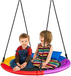 Costway 100cm/40’’ Saucer Tree Swing, Indoor Outdoor Round Platform Swing w/A Pillow, Handle & Adjustable Hanging Rope, Swing Seat, Kids Flying Swing Toy, 150 KG Bearing Capacity